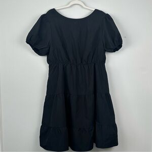 Classic Black Dress w Puff Sleeve Cut-out back Tie, Ruffle Hem‎  Plus Size 1X